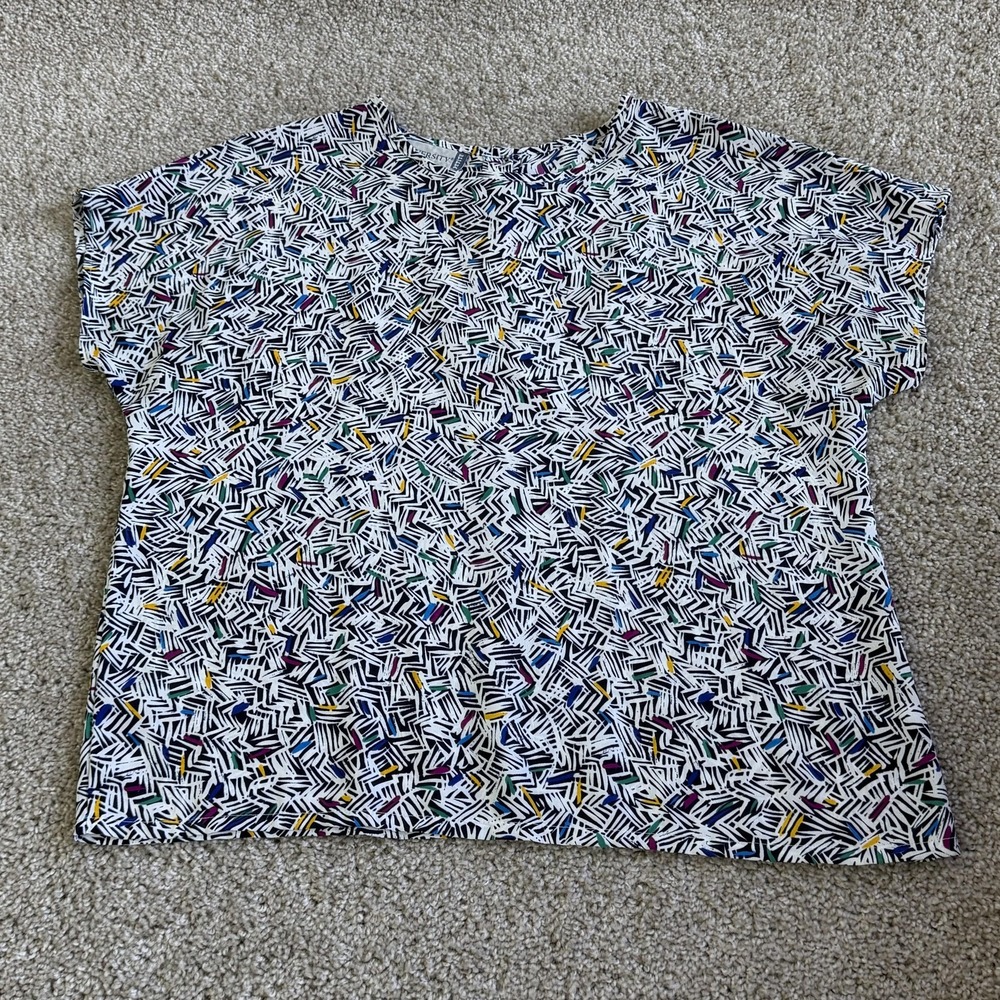 Diversity Blouse Womens Petite M Multicolor Geometric Cap Sleeve Top Casual